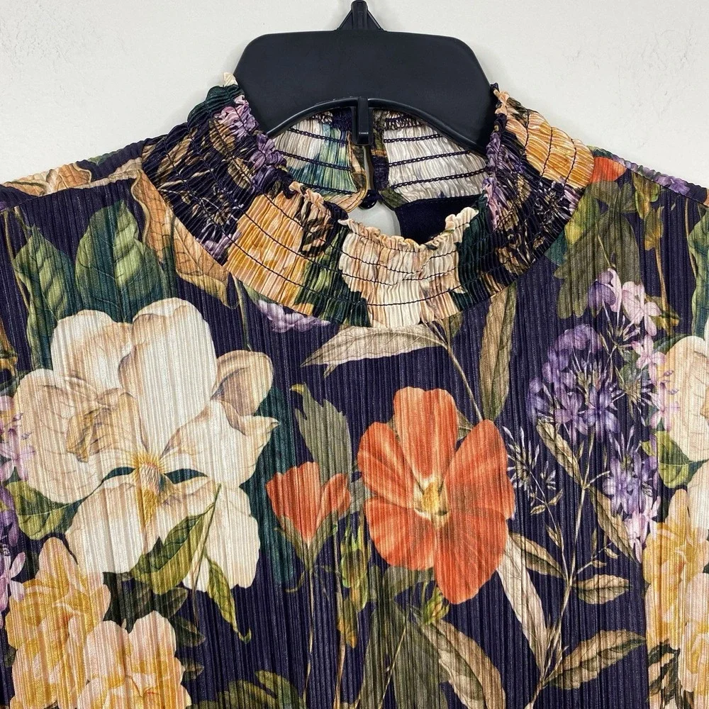 Chico's Womens 4 XXL Dark Purple Floral Pleated Blouse Long Sleeve Mock Neck Top - Picture 6 of 16